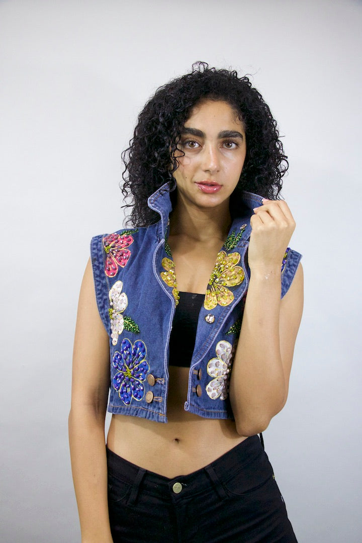 Floral Bloom Beaded Denim Vest S