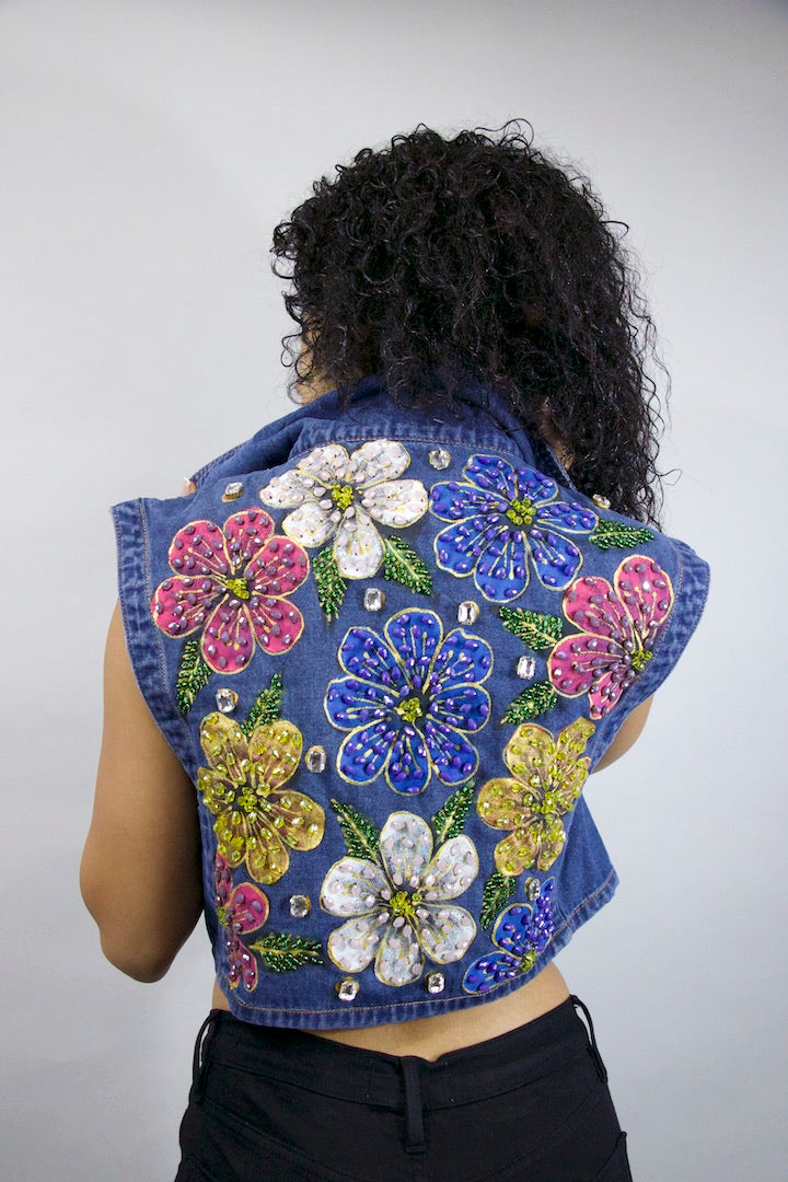 Floral Bloom Beaded Denim Vest S