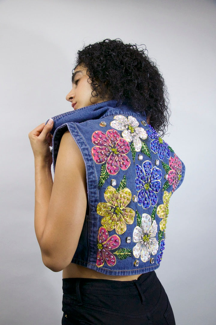 Floral Bloom Beaded Denim Vest S