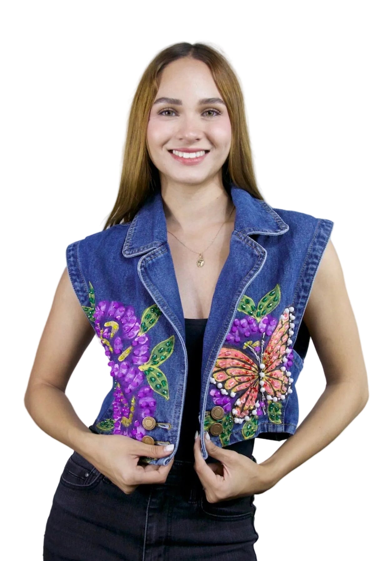 Monarch Garden Denim Vest L