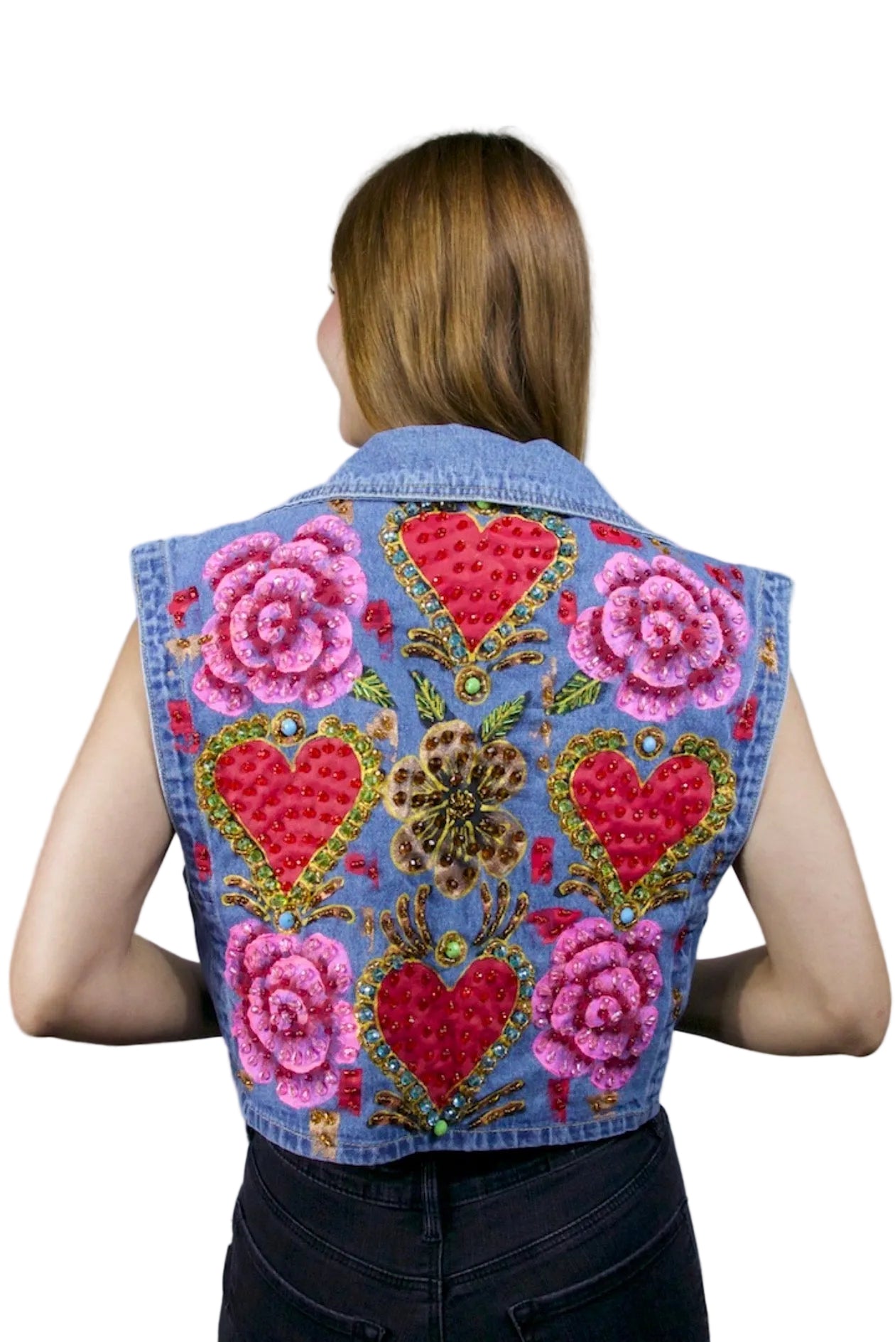 Sacred Hearts & Roses Denim Vest XL