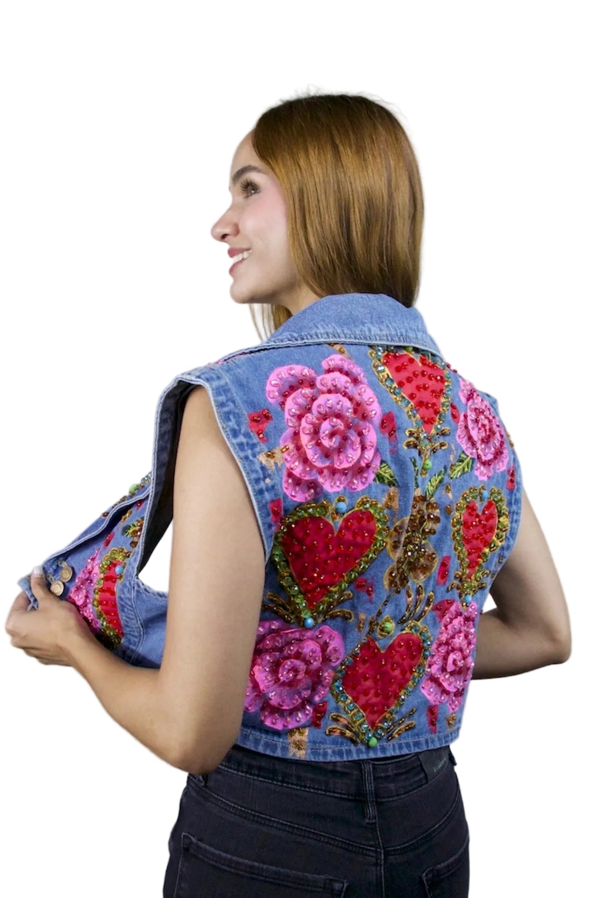 Sacred Hearts & Roses Denim Vest XL