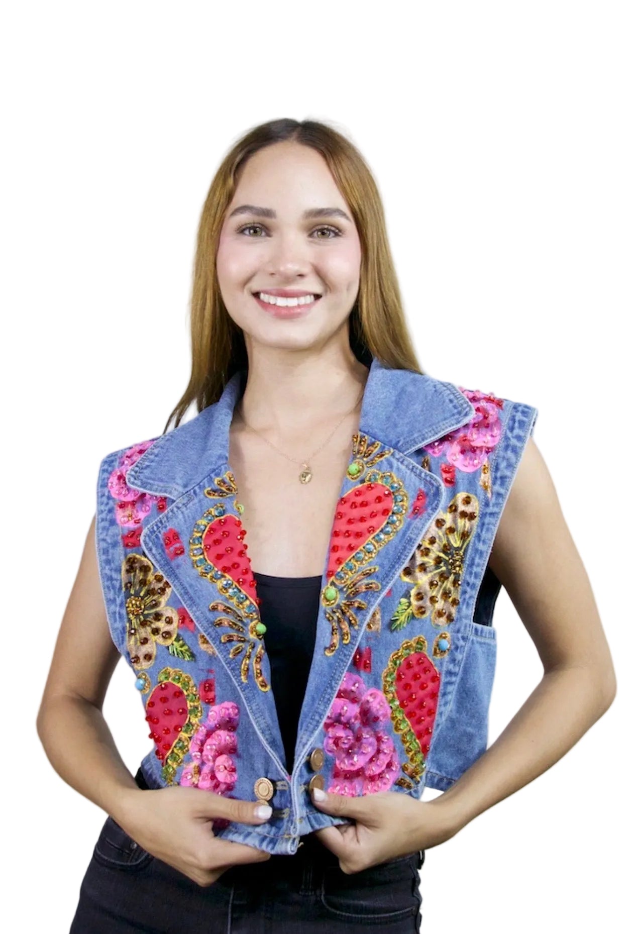 Sacred Hearts & Roses Denim Vest XL