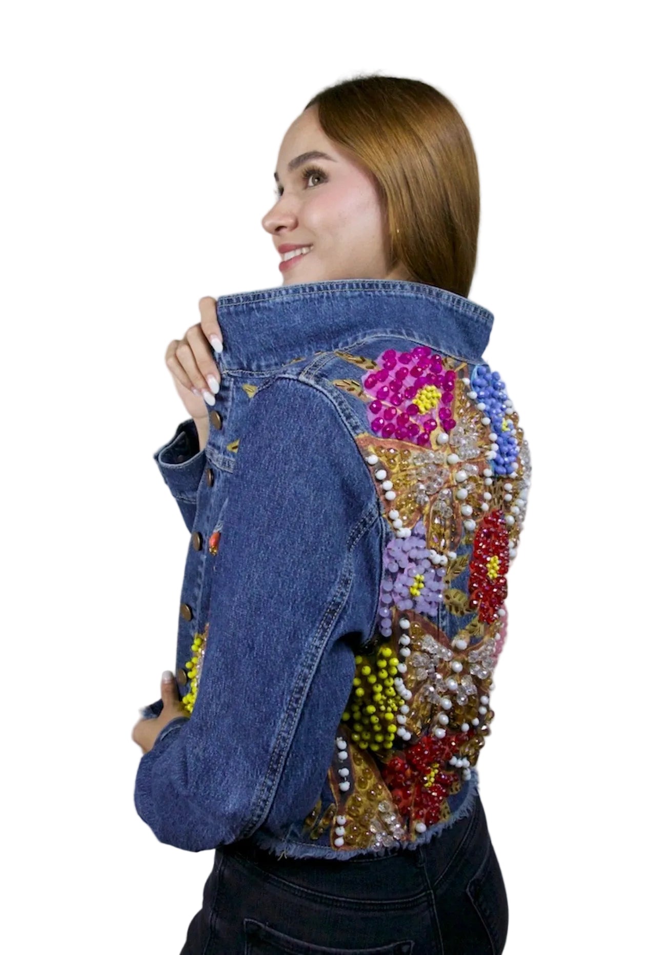 Butterfly Garden Cropped Denim Jacket L