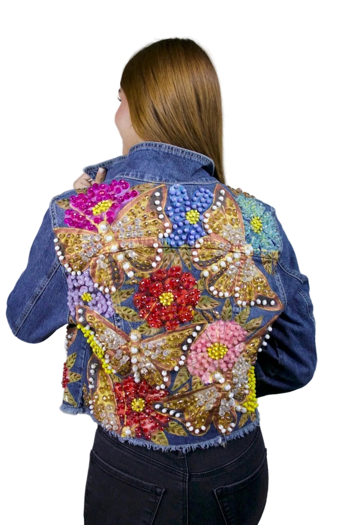 Butterfly Garden Cropped Denim Jacket L