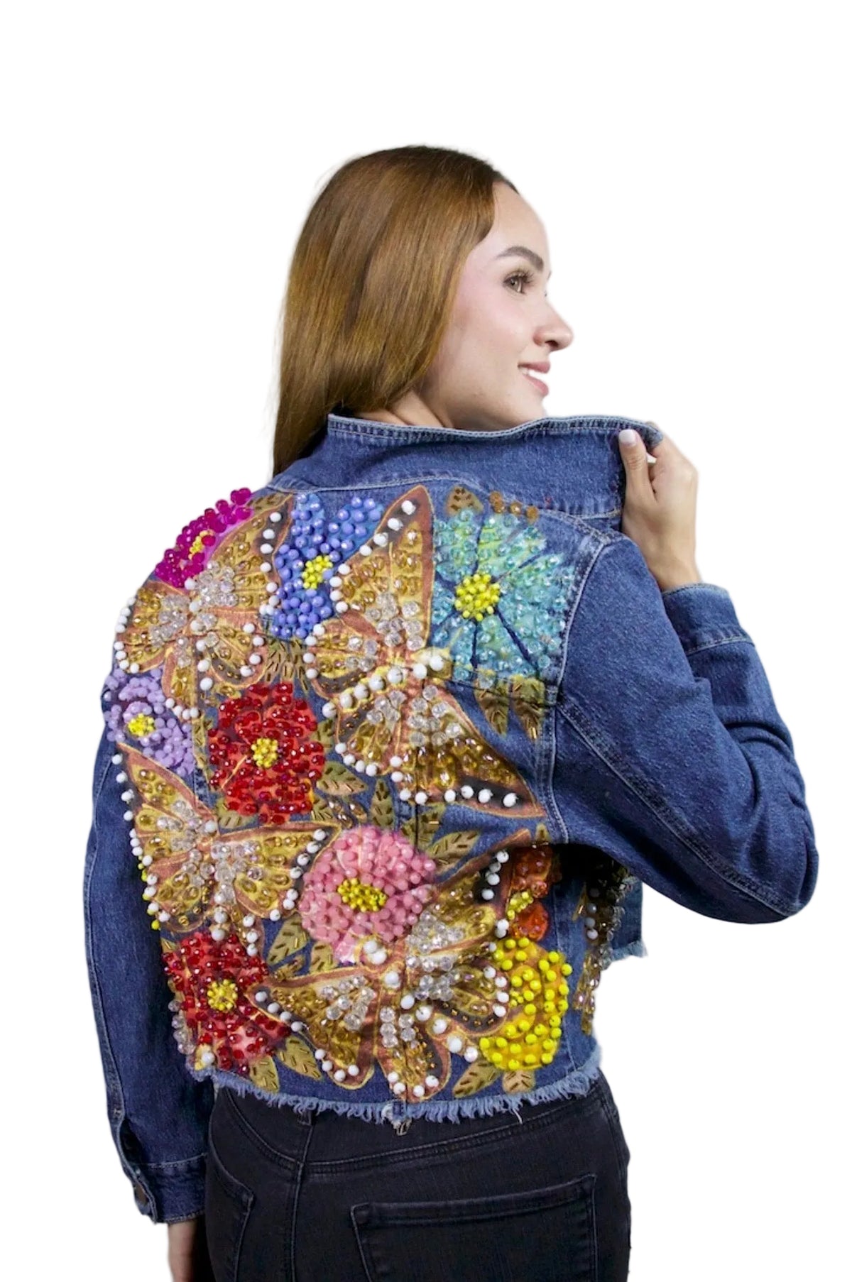 Butterfly Garden Cropped Denim Jacket L