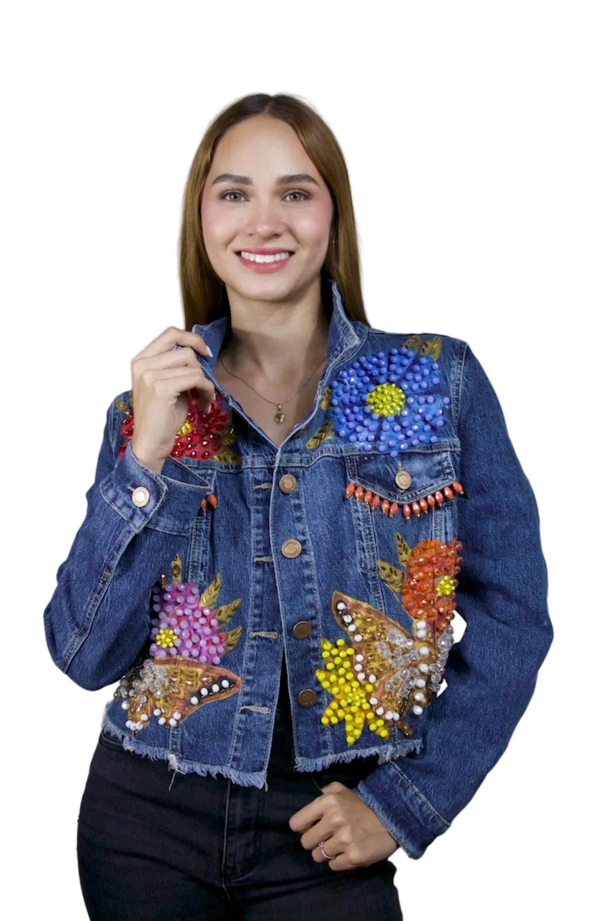 Butterfly Garden Cropped Denim Jacket L